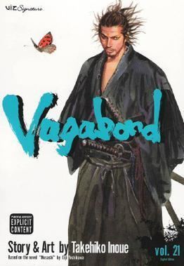The cover of Vagabond volume 21 as released by Viz Media on June 20, 2006 in North America, featuring Miyamoto Musashi looking serious with his long hair tied, a mustache and a beard with an orange butterfly in front of him. He has 2 samurai belted on his left waist, wearing a black kimono.