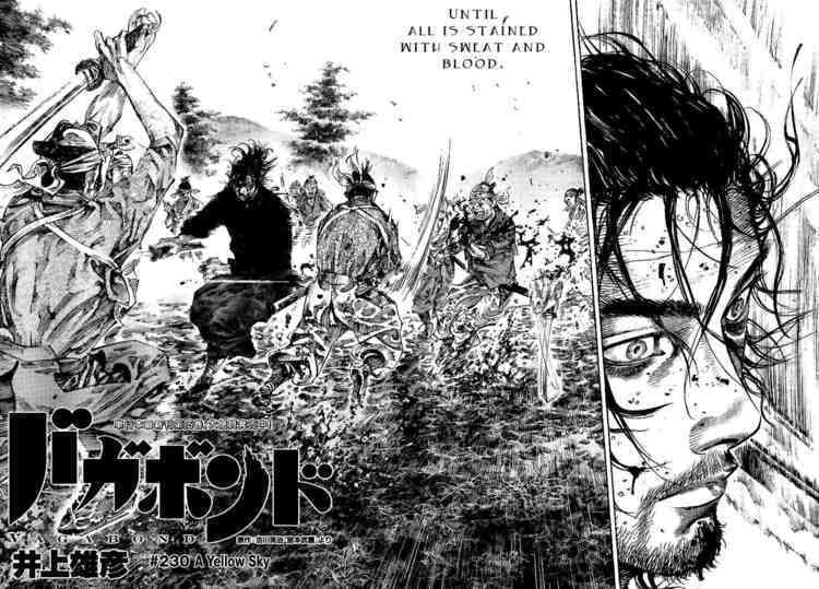 An artwork of a Vagabond manga featuring Miyamoto Musashi in a fearless face, fighting with soldiers in the mountain with a written quoted text "UNTIL ALL IS STAINED WITH SWEAT AND BLOOD." and other Japanese characters written below. He is holding his sword in his right hand, long hair, a mustache and a beard, wearing a black kimono.