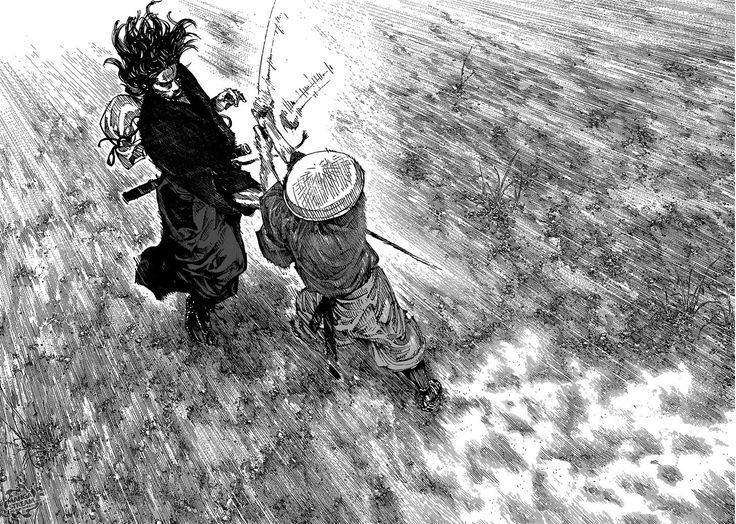 Miyamoto Musashi fighting, slashing his sword to someone in a grassy field from a Japanese epic martial arts manga series written and illustrated by Takehiko Inoue. Miyamoto is holding his sword on his left hand and has a sword holder on his left waist while long hair suspended on air, wearing a black kimono. While his contender is holding his sword in both hands while attacking Miyamoto, has a sword holder on his left waist and a Japanese straw hat on his head, wearing a kimono.