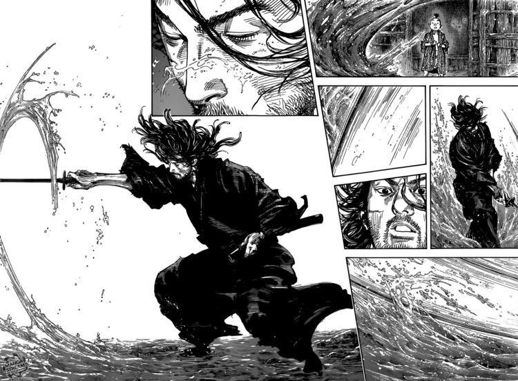 Miyamoto Musashi cutting the water by his sword in a collage illustration from a a Japanese epic martial arts manga series written and illustrated by Takehiko Inoue. He has long hair suspended on air, a mustache and a beard, a sword on his right hand and a sword holder on his left hand while wearing a black kimono.