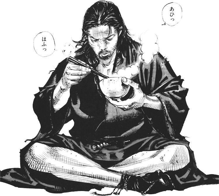 An illustration of Miyamoto Musashi, sitting while eating in a hot bowl, a Japanese swordsman in Vagabond, a Japanese epic martial arts manga series written and illustrated by Takehiko Inoue. He has long hair, a mustache and a beard, holding a pair of chopsticks in his right hand, and a bowl on his left hand with Japanese characters written on the background. He has a samurai attached on his left waist, a sock and a Japanese slipper, wearing a black kimono.