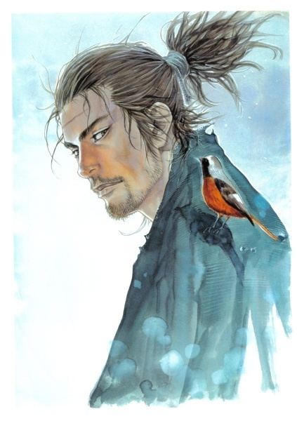 A sketch of Miyamoto Musashi looking serious in a side angle looking at something having a mustache and a beard, and his long hair tied with a Flame Robin bird on his left shoulder, and he is wearing a blue kimono.