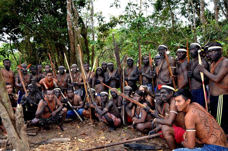 Vale do Javari natives is serious, wearing a white tie, earlobes, and black colored skin, with body art holding a spear with body art.