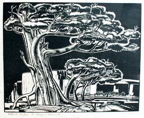 Valenti Angelo Linoleum block print of a Western fir tree