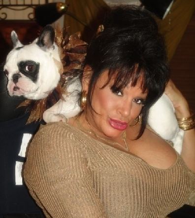 Vanessa del Rio smiling with pouty lips while holding a bulldog on her shoulder in a brown-gold collar with shimmers having tied up black hair with bangs as she wears a brown shimmer knitted sleeved blouse exposing her cleavage, a gold necklace, bangles on her left wrist, and big loop earrings.