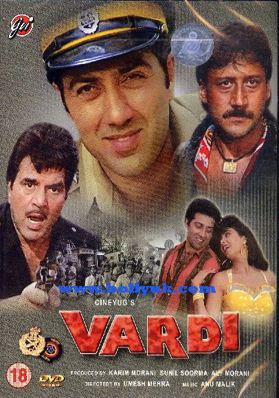 Sunny Deo, Jackie Shroff, Kimi Katkar, and another male cast in the movie poster of the 1989 Bollywood film, Vardi