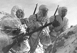 Vasily Zaytsev holding a gun with two people beside him