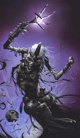 A visual representation of Vecna the arch lich, trying to stand while her right hand up with white glowing palm and a shade of dark purple effect, has a dried up body like corpse with three  needles pierced in both of her arms, wearing a dark silver crown, talisman over her neck and a dark silver metal plate belt over her waist.