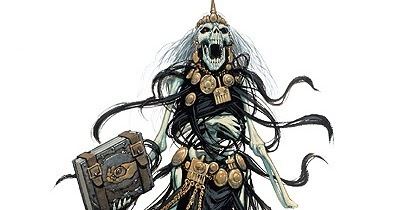 Vecna is standing and screaming while holding her book with belt lock, has skeleton body wearing a gold pointed crown, gold earrings, necklace, belt and black ragged cloth.