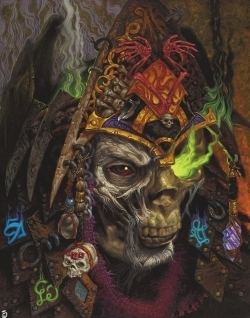 Vecna is serious, a desiccated corpse, has a green glowing fire in her left eye socket . Wearing a  gold plated triangular crown with red corpse hands in the middle and skeletal and gray and purple stone patterns over her head.