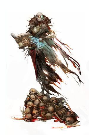 a digital art of Vecna is standing on top of a pile of skulls and skeletons, holding a book with an eye on the middle, a desiccated corpse missing his left hand and eye. Wearing a ash-gray spiky collar ragged robe and a red cloth with skull on its waist.