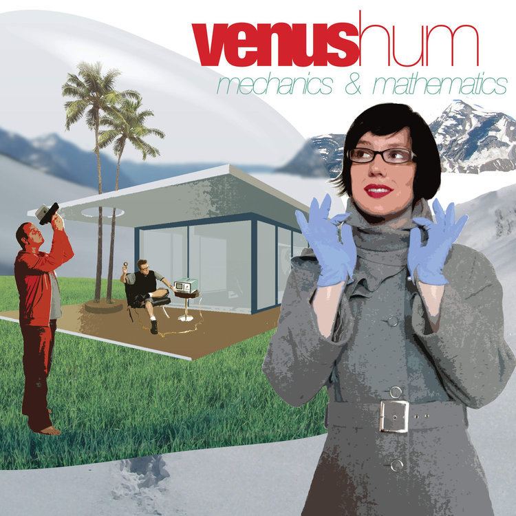 A poster featuring the members of the Venus Hum: Tony Miracle, Kip Kubin, and Annette Strean (from left to right). Tony is wearing a red jacket while looking above while Kip is wearing a black and gray shirt and Annette is wearing eyeglasses, a gray coat, and blue gloves.