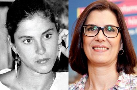 On the left, Vera Mossa holding her earrings and looking at something while on the right, she is smiling and wearing a colorful blazer