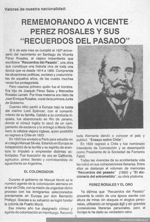 Vicente Pérez Rosales Rememorando a Vicente Prez Rosales y sus quotRecuerdos del pasado