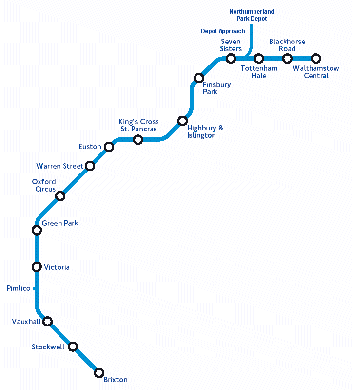A diagram of the Victoria Line pathway from Brixton to Walthamstow Central which also shows the Northumberland Park Depot.