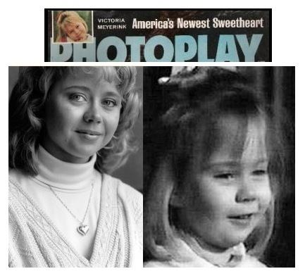 Victoria Paige Meyerink in 2 images, in the left, she is smiling with her short blonde hair, wearing a necklace and a white turtle neck under a knitted v-neck shirt, on the right is young Victoria smiling, she has a short blonde hair with ribbon clip wearing a white collar dress, and an image above with Victoria’s picture smiling in a magazine titled “America’s Newest Sweetheart”