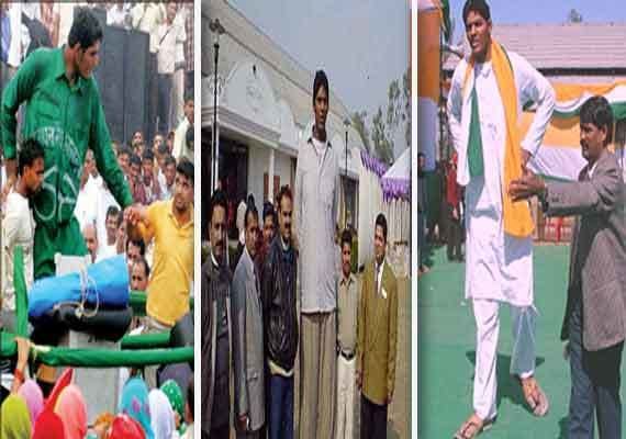 Vikas Uppal, the tallest man in India posing along crowds of people in different times.