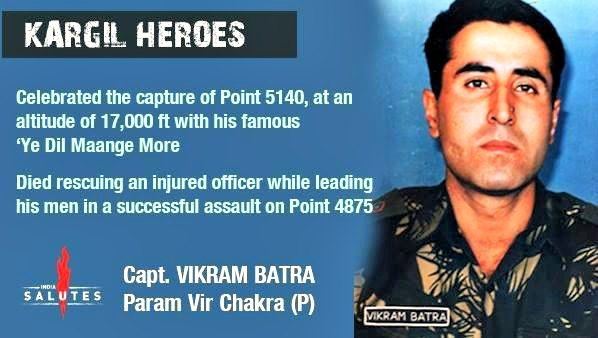 Vikram Batra being honored and remembered for his valor in battle with him wearing an army outfit and no beard.