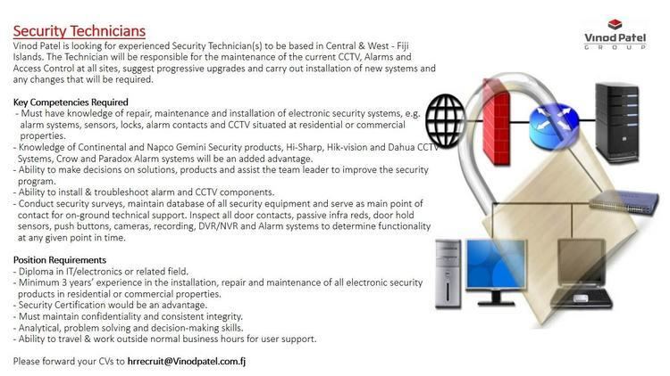 Job post from Vinod Patel they are looking for experienced Security Technician