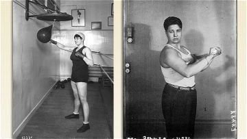 On the left is Violette Morris punching a speed bag while on the right is Violette Morris wearing a white sando and pants