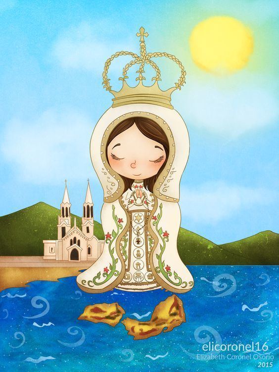 Digital art of Virgen del Valle floating on the sea while holding a rosary and wearing a crown, beige floral veil, and beige dress
