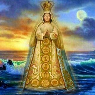 Painting of Virgen del Valle floating on the sea while wearing a golden crown, beige and brown dress, and beige and blue veil