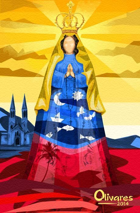 Digital art of Virgen del Valle wearing a yellow crown, that signifies the sun, and a blue and red dress that signifies the land and sea