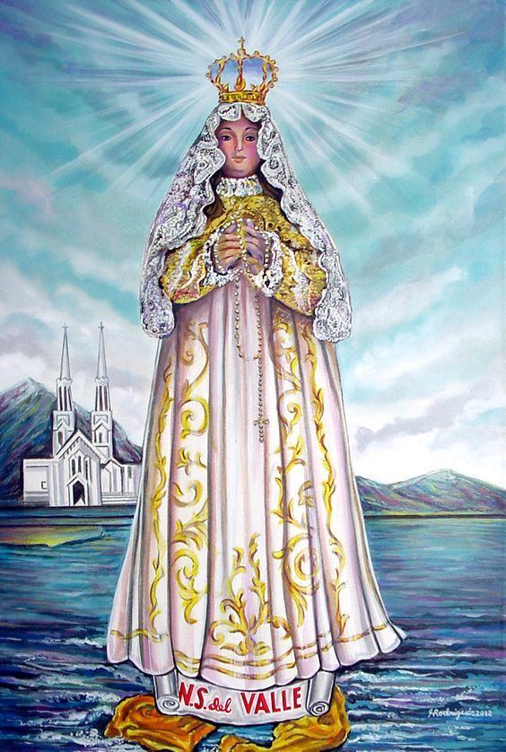 Painting of Virgen del Valle floating on the sea while holding a rosary and wearing a crown, white veil, and a pink and gold dress