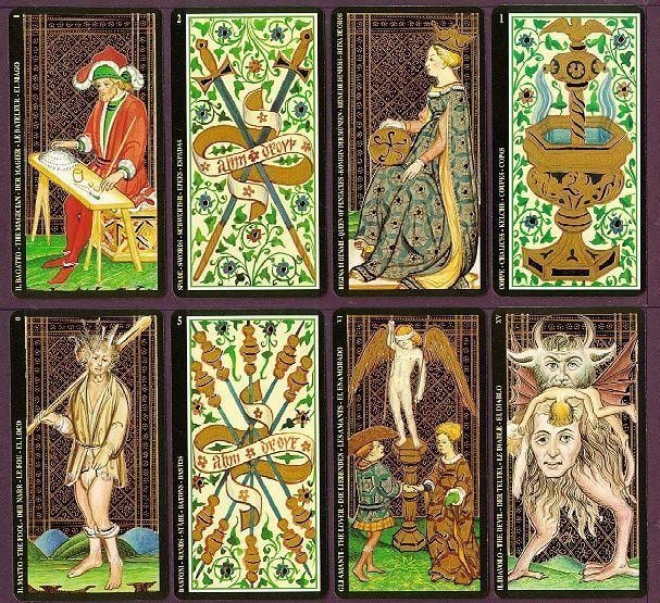 The Visconti-Sforza Tarots Cards. The Golden Tarot (top, 1st from left), The Ace of Swords of Visconti-Sforza Tarot Cards (top, 2nd from left), Queen of Coins (top, 3rd from left), and The Ace of Cups (top, 4th from left). The Fool (bottom, 1st from left), The Batons (bottom, 1st from left), The Lover (bottom, 3rd from left), and The Agnolo Hebreo Devil Card (bottom, 4th from left).