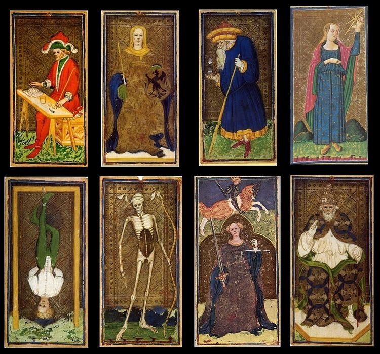 The Visconti-Sforza Tarots Cards. The Golden Tarot (top, 1st from left), The Empress (top, 2nd from left), Hermit (top, 3rd from left), and The Star (top, 4th from left). The Hanged Man (bottom, 1st from left), Death (bottom, 2nd from left), The Justice (bottom, 3rd from left), and The Pope (bottom, 4th from left).
