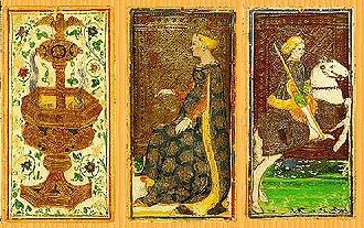 The Visconti-Sforza Tarots Cards (The Ace of Cups, Queen of Coins, and The Knight of Wands).