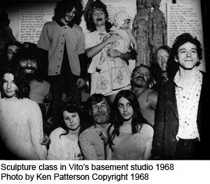 Vito Paulekas with his students on his Sculpture class in his basement studio in 1968.