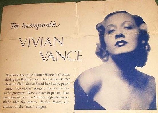 On the cover is Vivian Vance giving a fierce look, has short curly hair, wearing a black polka dot cleavage top. On the cover is her name and Vivian is described as being The Incomparable and the greatest of “torch” singers.