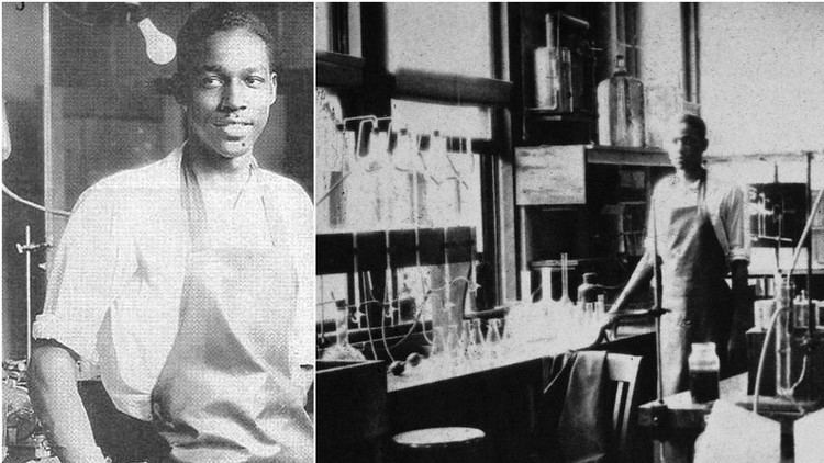 Vivien Thomas smiling looking at someone while standing wearing a long sleeve and an apron with a light bulb in the background, while on the right photo was still Vivien, standing in a laboratory room full of apparatus wearing a long sleeve and an apron