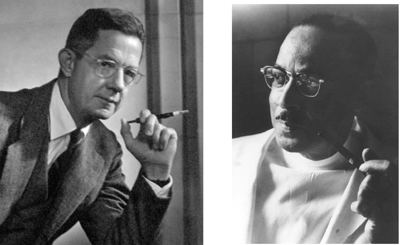 Alfred Blalock (left) with a serious look, leaning on the side with his arms on his knees while holding a pen in his left hand, wearing eyeglasses and a long sleeve with a necktie under a coat, and Vivien Thomas (right) seriously looking at the right while holding a smoking pipe cigarette in his left hand wearing a medical coat