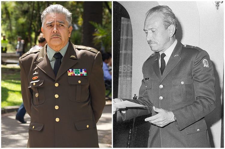On the left, a police officer while, on the right, Waldemar Franklin Quintero wearing a police coat, long sleeve, necktie, and peaked cap