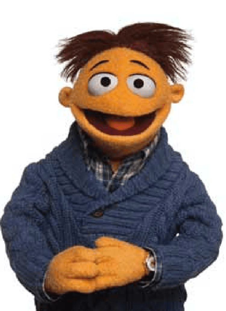 Walter, is a Muppet character first introduced in The Muppets, a 2011 American ensemble cast of puppet characters. Walter with a smiling face, wearing a watch, and a blue knitted sweatshirt over checkered long sleeves.