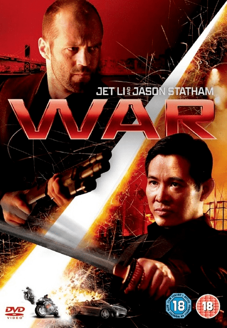 Jason Statham holding a rifle while Jet Li holding a sword on the DVD cover of the 2007 American action thriller film, War