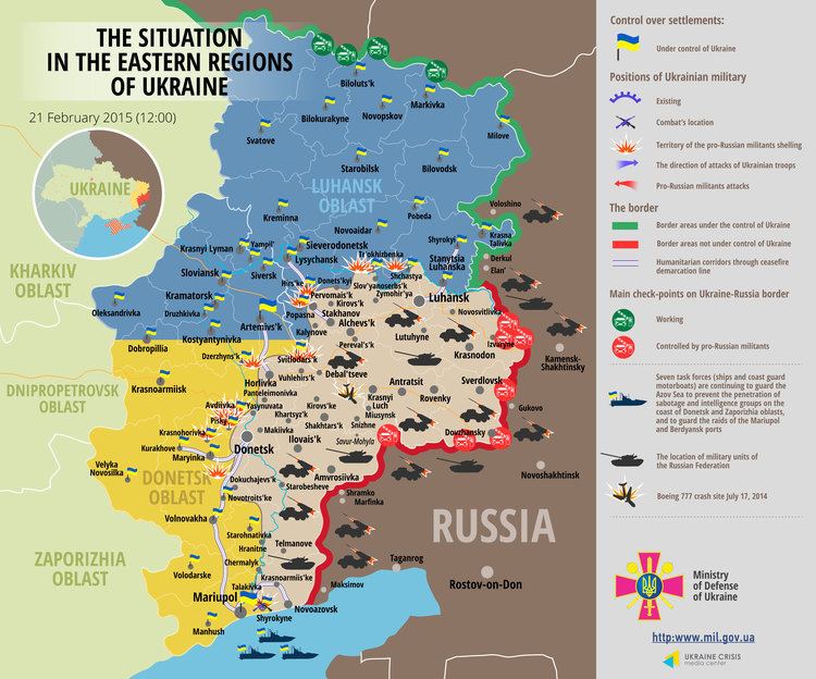 A map showing the situation in the Eastern Regions of Ukraine as of February 21, 2015