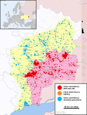 The military situation as of 24 March 2022: Pink highlights areas held by the DPR/LPR, yellow highlights areas held by the Ukrainian government. Red highlights are for cities controlled by DNR and LNR (as well provided from Russian forces). Blue highlights are for cities controlled by the Ukrainian government. Mustard yellow highlights are for cities where there is fighting