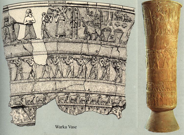 On the left, an illustration of the Warka Vase. On the right, a golden Warka Vase.