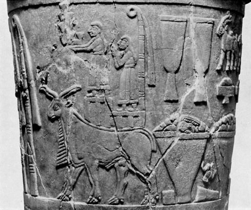The top part of a Warka Vase illustrates the cultic duties of the Mesopotamian King.