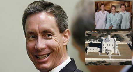 Warren Jeffs (left) is smiling and has gray hair, wearing a white polo with a black necktie under a black coat. On the upper right, are 3 women who have black hair, and wearing a retro-style dress, and on the lower right, is a Fundamentalist Church of Jesus Christ of Latter-Day Saints (FLDS) Tempel Eldorado