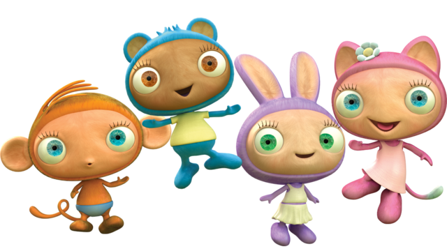 Waybuloo characters: Nok Tok (blue bear), Yojojo (orange monkey), De Li (pink cat), and Lau Lau (purple rabbit)