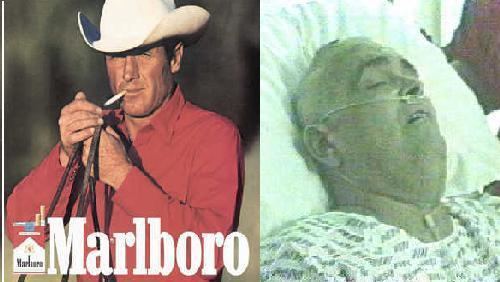 On the left, is The advertisement poster of Marlboro, Wayne McLaren is serious, standing holding a cigarette with his mouth, covering it with his right hand while lighting it up with his left hand while holding the horse reins, has black hair, wearing a white cowboy hat and a red long sleeve polo, at the bottom is the cigarette pack and Marlboro name.At the right, Wayne McLaren is in pain, laying in a white pillow in a hospital bed,  with nasal cannula on his nose, mouth half open, has white hair wearing a hospital gown,