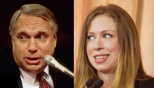 Webster Hubbell and Chelsea Clinton (from left to right). Webster looking serious, talking in the microphone, and his eyes looking to the side wearing a red necktie on a white inner collared shirt under a black coat. Chelsea smiling, eyes looking to the side, and talking in the microphone with a straight blonde hair in a black coat.