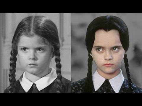 At the left, in black and white Wednesday Addams is serious, has black hair wearing a white collar black dress, at the right, Wednesday Addams is serious, has black hair wearing a white collar black dress.