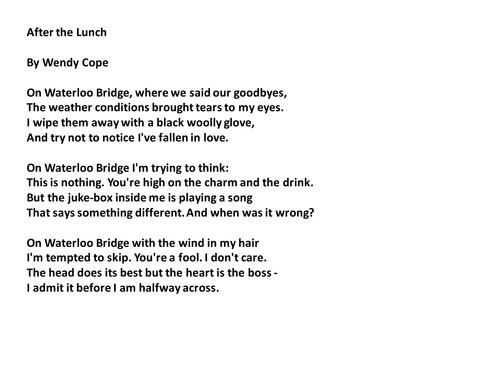 Wendy Cope After the Lunch by Wendy Cope Analysis by Rherlotte Teaching