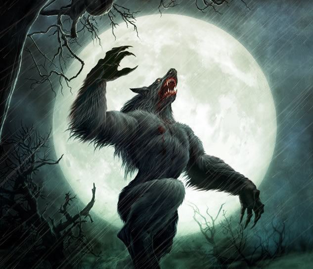 Werewolf standing in front of the moon while raining