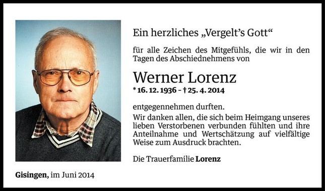 Werner Lorenz Werner Lorenz Danksagung VN Todesanzeigen